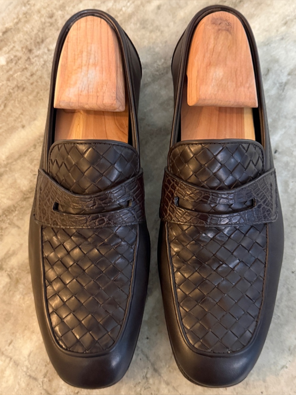 BOTTEGA VENETA Intrecciato Leather Loafers Croco 40.5 7.5 Brown Sunday Slippers